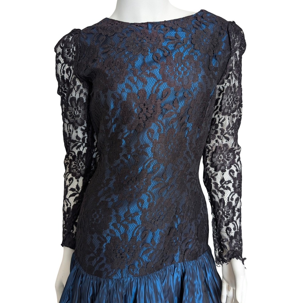 VTG 80s Drop Waist Prom Dress XS Open Back Bow Lace Taffeta Formal‎ Whimsigoth - Picture 5 of 7